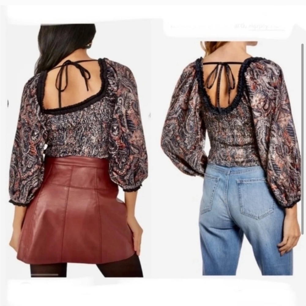 Free People Dare Me Velvet Paisley Cropped Ballon Sleeve Open Back Blouse - Picture 9 of 10
